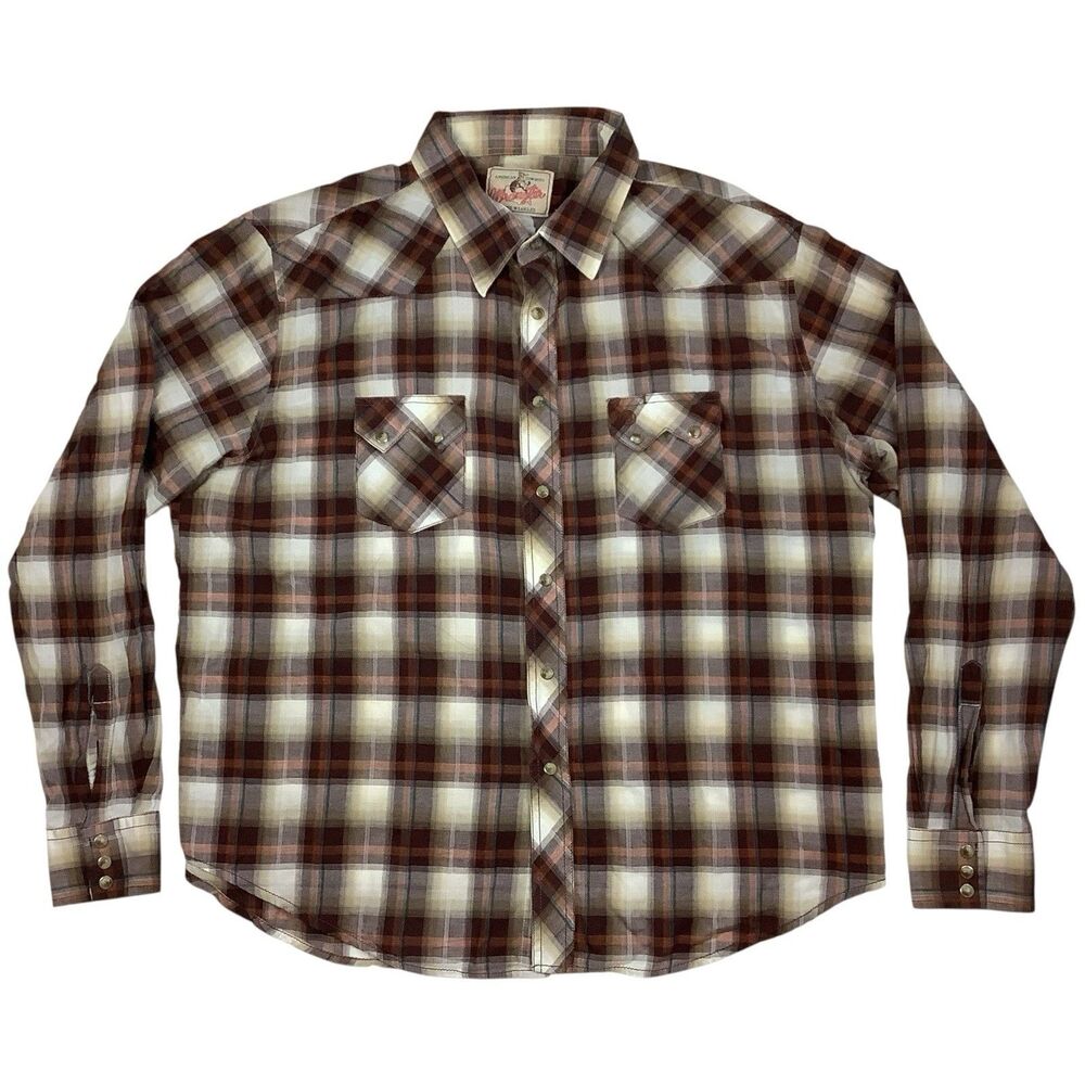 Vintage Wrangler American Cowboys Shirt Men XL XXL Western Pearl Snap Plaid Tan